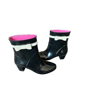 Black Rubber Rain‎ Ankle Boots with Bow Accent and Pink Lining